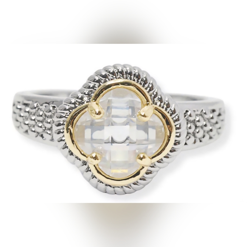 Silver and Gold Tone Clover Clear CZ Ring